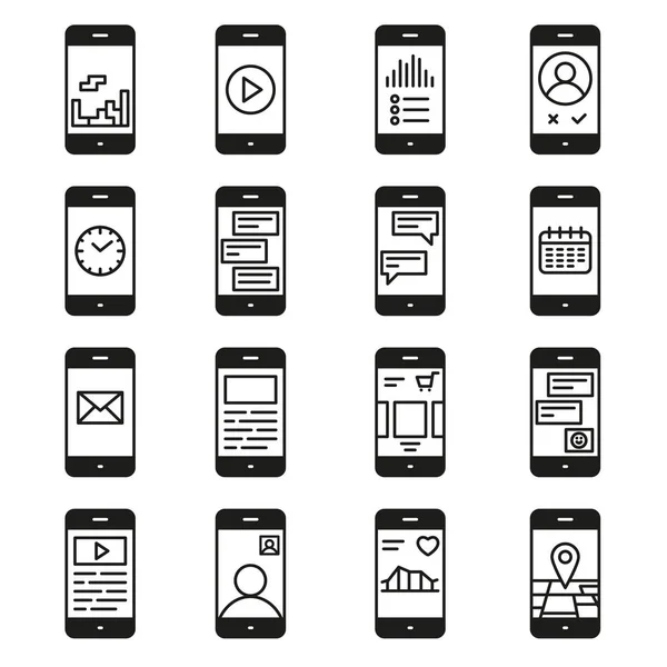 Smartphone funções e aplicativos conjunto de ícones vetoriais . —  Vetores de Stock