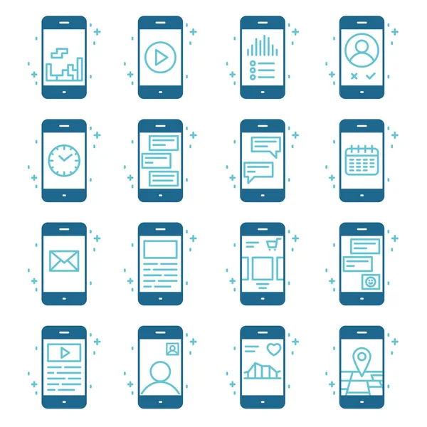 スマートフォンの機能とアプリのベクトルアイコンセット. — ストックベクタ