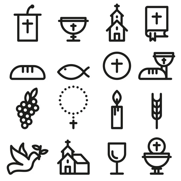 Kerk en christelijke gemeenschap platte overzicht pictogrammen — Stockvector