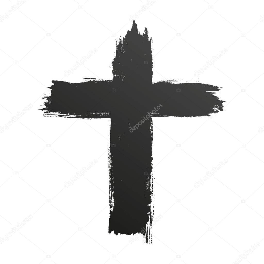 Hand drawn black grunge cross icon, simple Christian cross sign