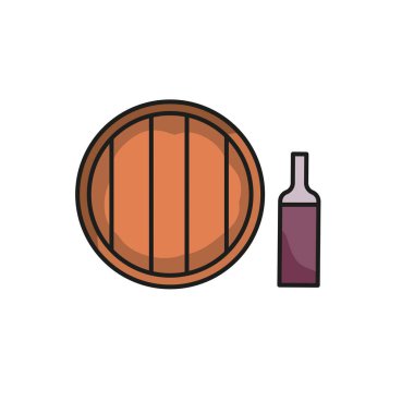 Şarap mahzeni simgesi. Şişe şarap ve namlu. Vektör çizim