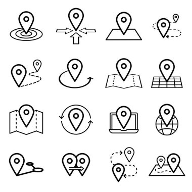 Haritayla ilgili simge seti. Beyaz arkaplanda vektör simgeleri.