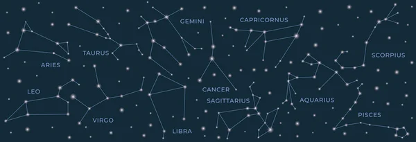 Constelaciones del zodíaco. Horóscopo y símbolos de línea astrológica — Vector de stock