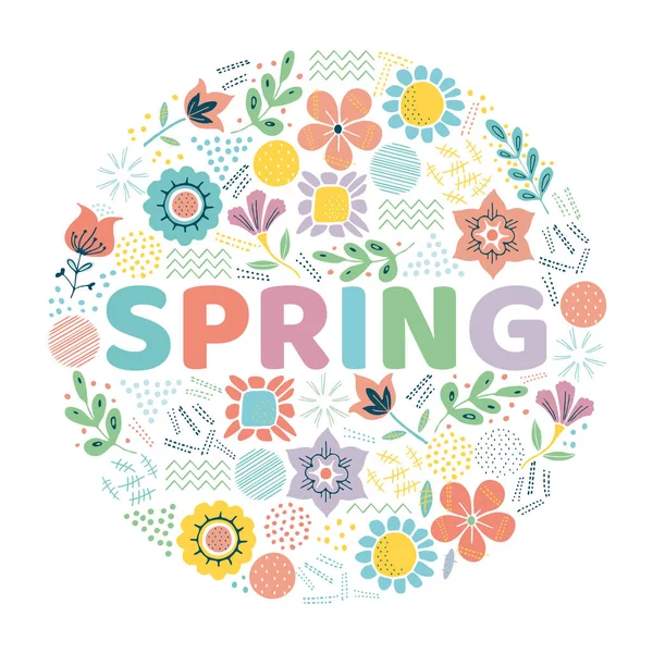 The word SPRING surrounded by leaf and flowers. — Stock Vector