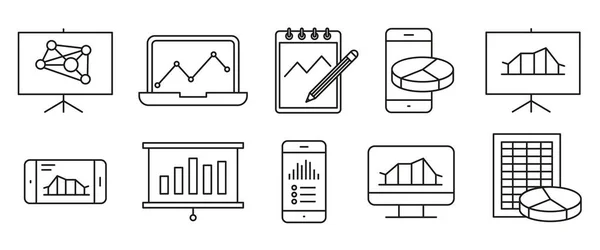 Elemzése Statisztikák Vonal Ikonok Diagram Jelentés Szolgáltatás Jelei Adat Bemutató — Stock Vector