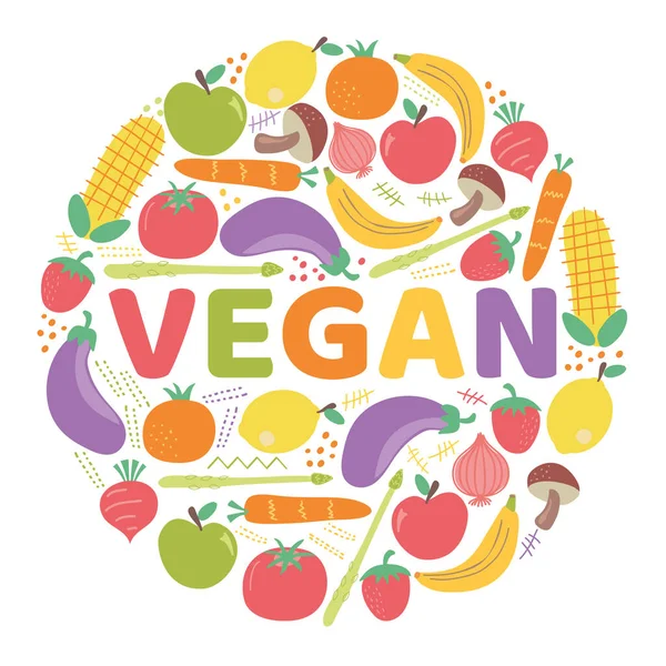Ordet Vegan Omgivet Frukt Och Grönsaker Vektor Färgglada Bakgrund Illustration — Stock vektor