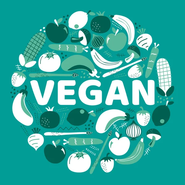 Ordet Vegan Omgivet Frukt Och Grönsaker Vektor Bakgrund Illustration — Stock vektor