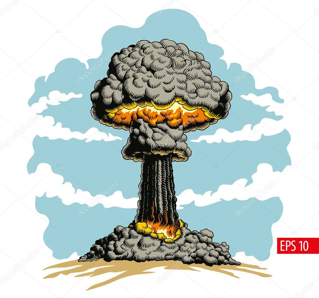 Nuclear explosion. Atomic bomb mushroom cloud comic style vector Illustration.