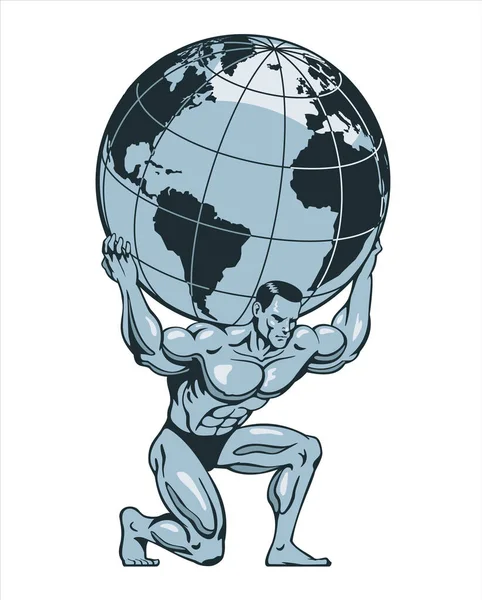 Atlas o titán arrodillado llevando globo elevador mundo tierra sobre su espalda. Culturista. Ilustración vectorial . — Vector de stock