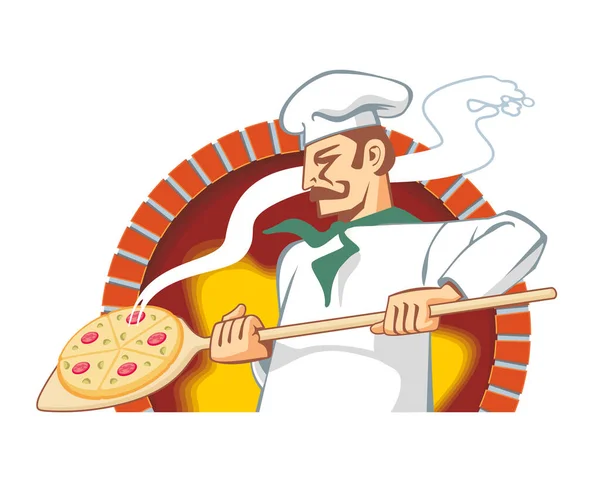Pizzaiolo Munka Közben Húzza Kész Pizza Kemence Tűzzel Stilizálja Vektor — Stock Vector