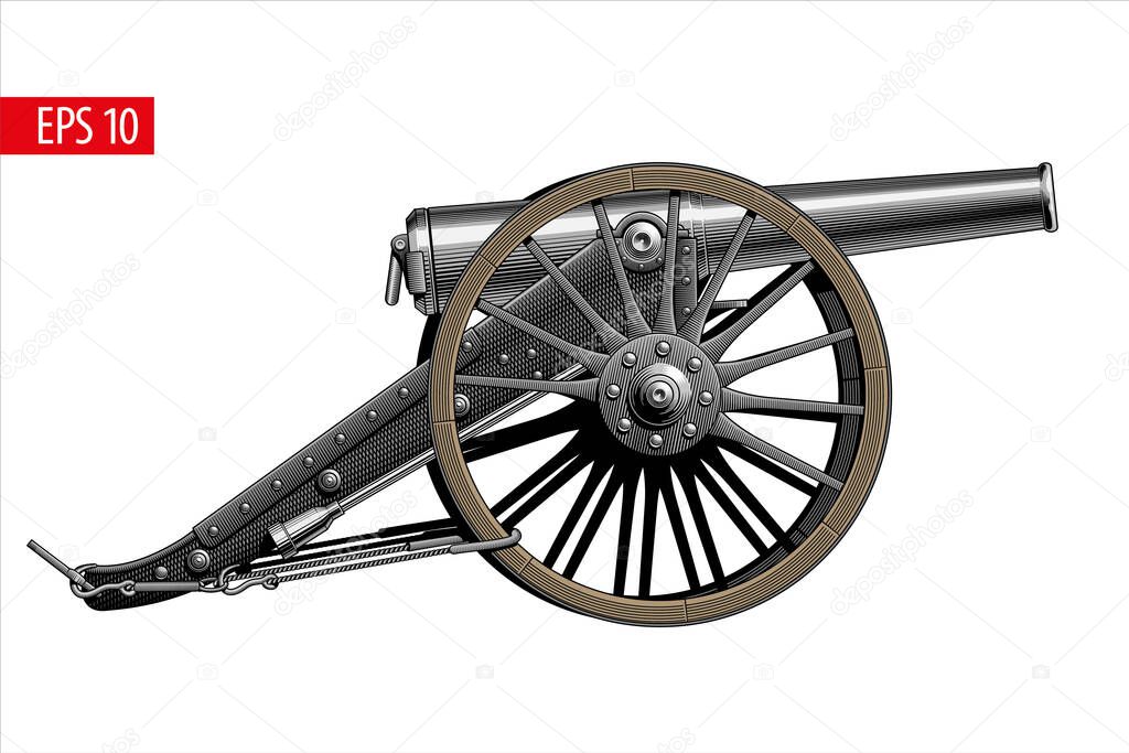 Vintage cannon, isolated on white background. Stylized vector illustration.