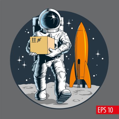 Teslimat servisi, astronot paketi ya da karton kutu. Uzay kolonizasyonu. Kargo uzaya gönderiliyor. Çizgi roman biçimi vektör illüstrasyonu.