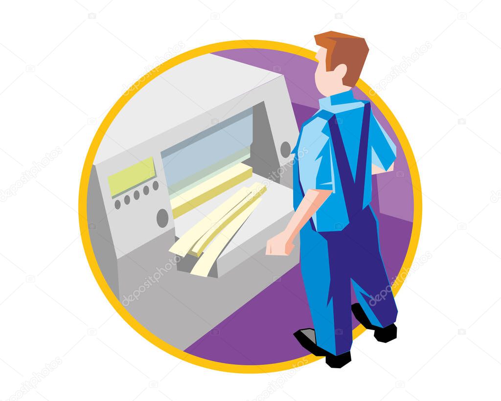 Paper cutter at work print service icon, vector illustration.