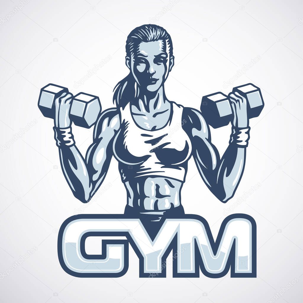 Athletic young fitness woman with dumbbells. Stylized vector illustration.