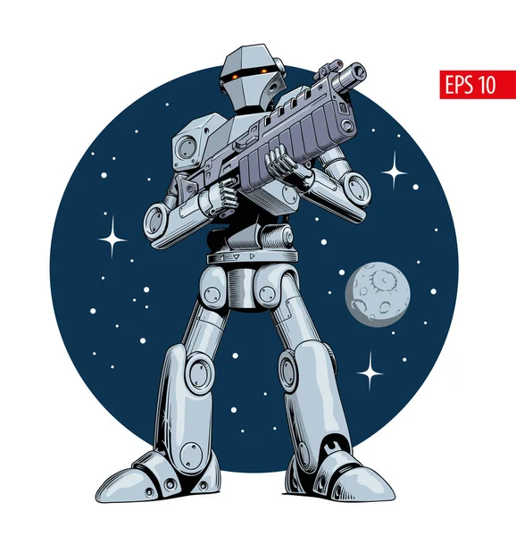 Battle Robot Držení Blaster Nebo Kulomet Komiks Styl Vektorové Ilustrace — Stockový vektor