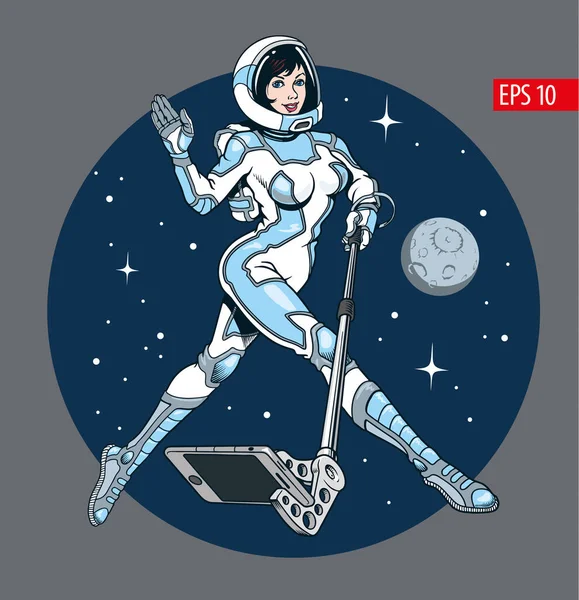 Młoda Atrakcyjna Astronautka Skafandrze Robi Selfie Ilustracja Wektora Stylu Komiksowego — Wektor stockowy