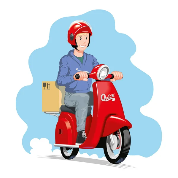 Entrega Homem Montando Uma Scooter Vermelho Com Caixa Papelão Parcela — Vetor de Stock