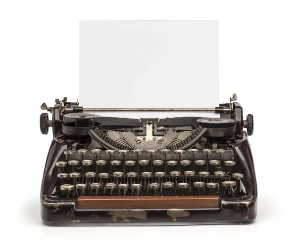 Παλιά Γραφομηχανή Αντίκα Και Ένα Λευκό Χαρτί Απομονωμένα Λευκό Φόντο — Φωτογραφία Αρχείου