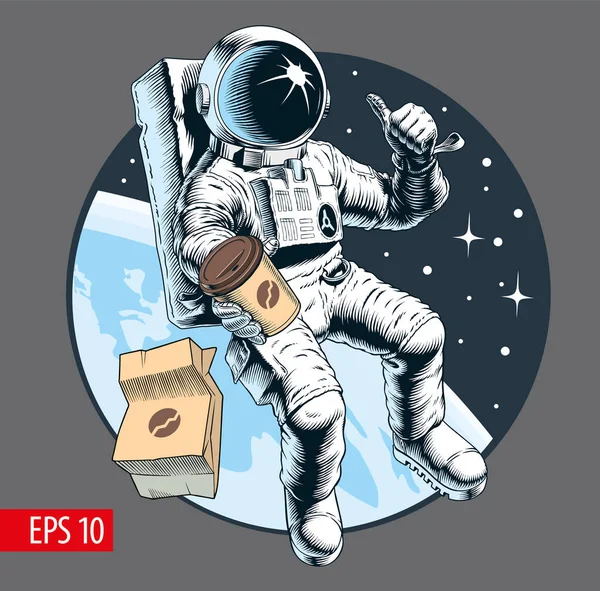 Fast Food Spaziale Astronauta Con Mano Una Tazza Caffe Caffè — Vettoriale Stock