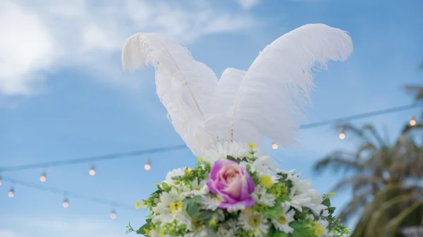 Quill decorar en ramo con fondo de cielo azul (Centrado en la pluma ) —  Fotos de Stock