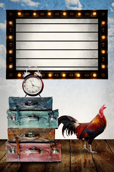 Placa de programa de caixa de luz vintage com saco retro e frango — Fotografia de Stock