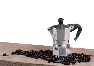 Kahve pot natürmort izole ahşap masa arka plan üzerinde