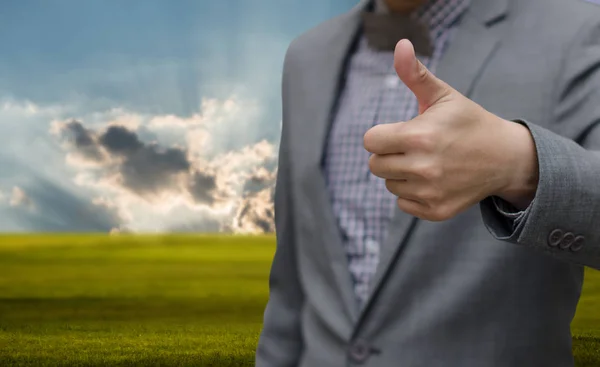 Geschäftsmann Daumen hoch mit schöner grüner Landschaft Hintergrund — Stockfoto