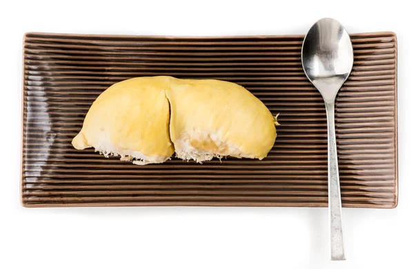 Durian en plato aislado en blanco, Vista superior — Foto de Stock
