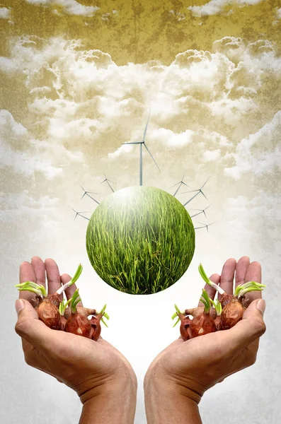 Conceito de energia verde, planeta verde com turbinas eólicas e sementes — Fotografia de Stock