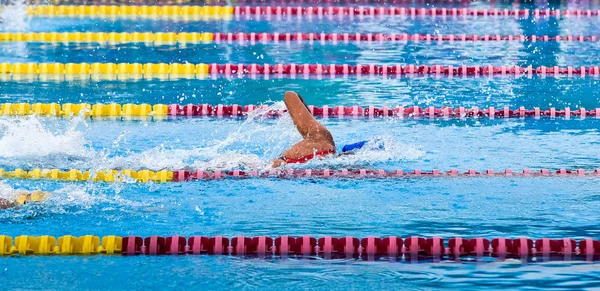 Zwemmen bij zwembad, sportieve concept — Stockfoto