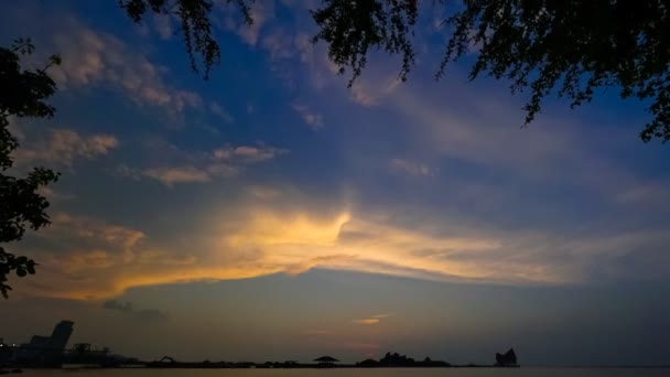 Time lapse del cielo al tramonto in mare con la silhouette degli alberi in primo piano, Zoom out shot — Video Stock