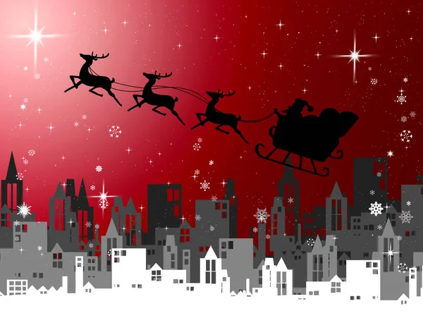 Weihnachtsmann mit Schlitten fliegt nachts über Stadt — Stockfoto