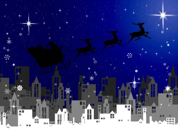 Kerstman met slee vliegen over stad bij nacht — Stockfoto