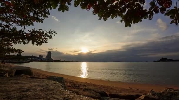 Tidsfördröjning Solnedgång Himlen Med Stranden Och Trädet Canopy Förgrund — Stockvideo