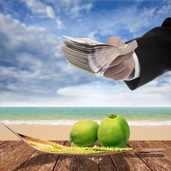 Businessman pay for coconut and spadix flower of coconut on deck — Stock Photo, Image