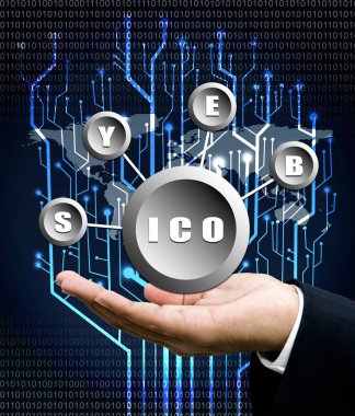 İşadamı el taşımak ICO simge dijital devre ağaç ile geri