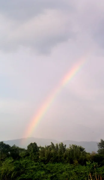 Arco iris de la naturaleza sobre campo de tierra con fondo de montaña — Foto de Stock