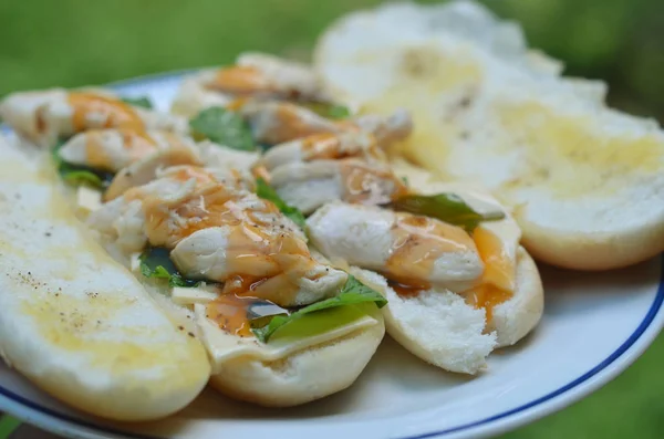 Chicken hotdog klaar om te eten in de tuin, High Angle view — Stockfoto