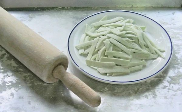 Preparar Una Pasta Casera Fresca Plato Con Rodillo Lado — Foto de Stock