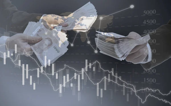 Befektetési Üzleti Háttér Bankjegy Kezében Tőzsdei Grafikonokkal Technológia — Stock Fotó