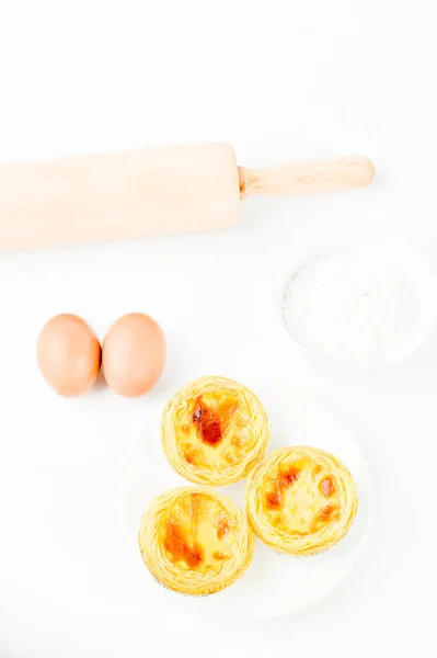 Egg Tarts Eggs Other Ingredients Tools White Background — Stock Photo, Image