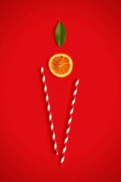 Christmas straws, orange ring and fresh leaf laid in the shape of a glass with a drink — Stock Photo, Image