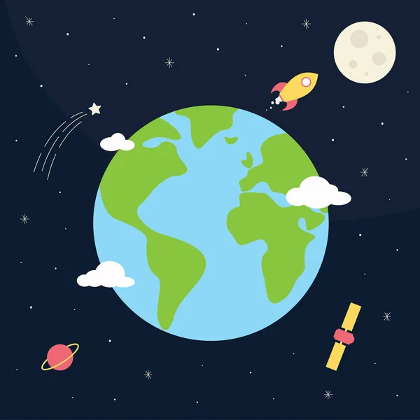 Aarde in de ruimte met de maan, raket & sterren — Stockvector