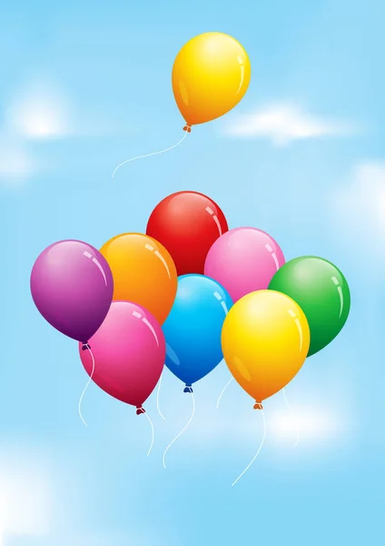 Globos de colores en un cielo nublado — Vector de stock