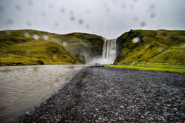 Skogafoss waterfall in a rainy day in Iceland Royalty Free Stock Images