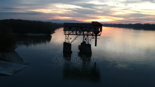 Abandoned coal transportation building on river Danube — Stock Video