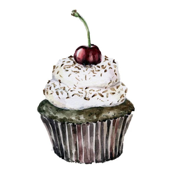 Кекс з вишнею. Ручна намальована акварельна ілюстрація — стокове фото