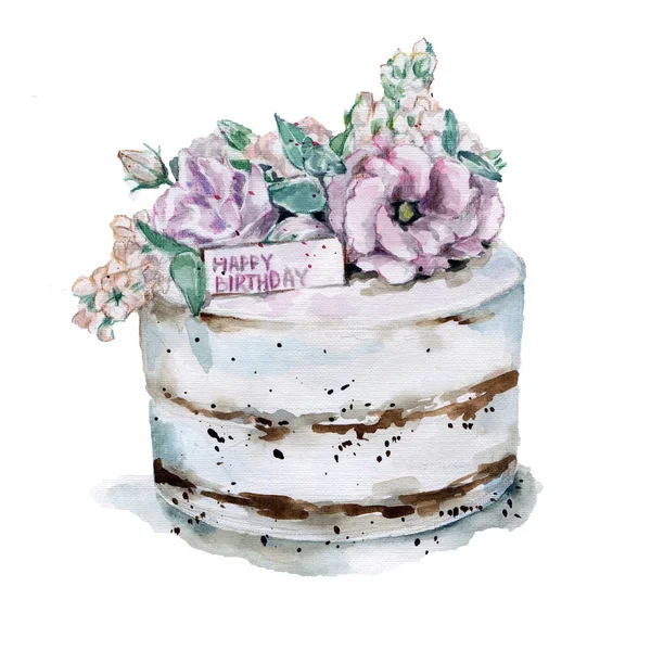 Pink flowers cake.Hand drawn watercolor illustration