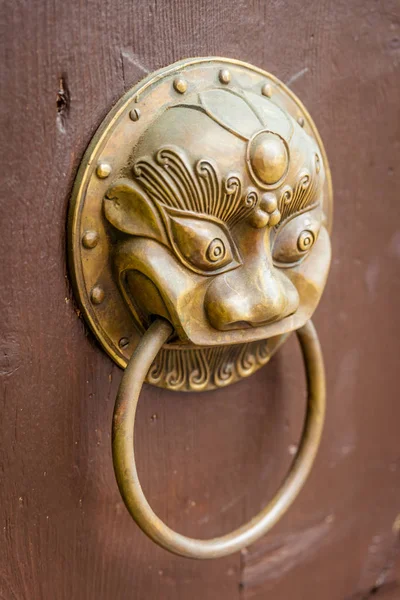 Door Knocker on old wooden door — Stock Photo, Image