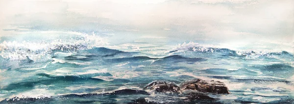 Havet vågor akvarellmålning — Stockfoto